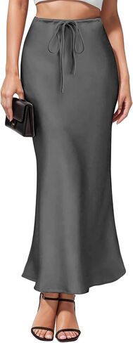 Women's Drawstring High Waisted Satin Maxi Skirt A-Line Flowy Silk Fall Elegant Long Skirts for Women in Saudi Arabia