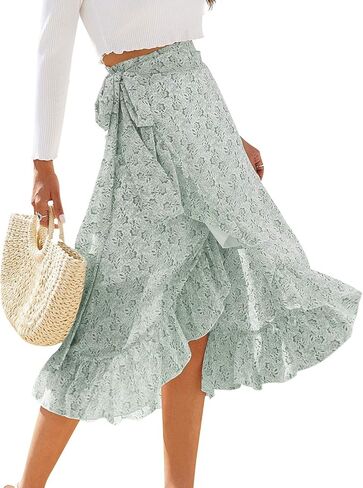 ThCreasa Womens Boho Floral Print High Waisted Wrap Skirts Ruffle Hem Tie Knot Summer Chiffon Flowy Midi Skirts in Kuwait