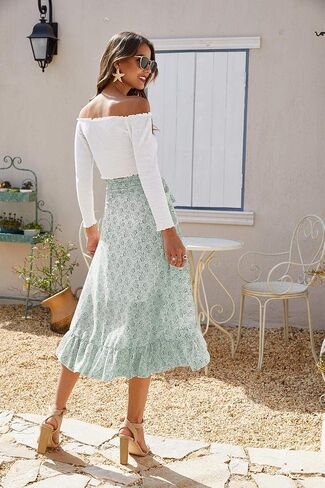 ThCreasa Womens Boho Floral Print High Waisted Wrap Skirts Ruffle Hem Tie Knot Summer Chiffon Flowy Midi Skirts in Kuwait