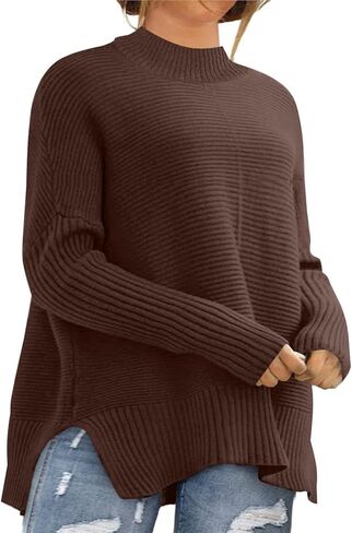 سترات Eytino النسائية بمقاس كبير وأكمام طويلة ورقبة دائرية وحاشية مقسمة كاجوال كبيرة الحجم ومتماسكة ومضلعة (1X-5X) in Kuwait