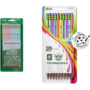 Ticonderoga® Pastel Pencils, 2 Soft, Assorted Colors, Pack Of 10 Pencils & X13910 Striped Wood-Cased Pencils, 2 HB Soft, Pre-Sharpened, 10 Count, Assorted Colors