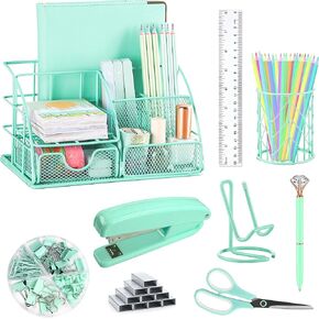 Black Desk Organizers and Accessories Office Supplies Set Stapler, Pen Holder, Phone Holder, Scissors, Pen, Ruler, 30 Paper Clips, 22 Binder Clip, 20 Tacks and 1000pcs Staples