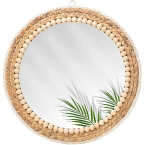 15 Inch Boho Round Hanging Wall Mirror Decorative Rattan Circle Wall Mounted Mirror for Farmhouse, Living Room, Bedroom, Bathroom, Boho Nursery Decor for Girl