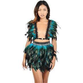 Women Sexy 2 Piece Feather Skirt Sets See-Through Hollow Out Feather Top Bodycon Mini Skirt Set Party Skirt Set