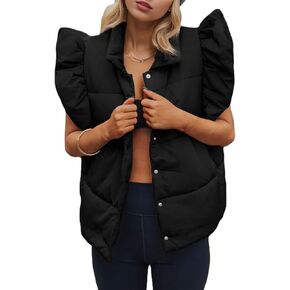 Tankaneo Womens Puffer Vest Ruffle Sleeveless Button Down Winter Warm Padded Gilet Coats