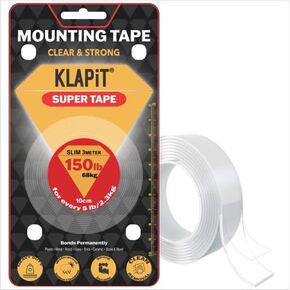 شريط KLAPiT SUPER TAPE الشفاف ذو الوجهين عالي التحمل - تقنية النانو المحسنة - يحمل 150 رطلاً 1.27 رطل لكل بوصة مثالي للإطارات والسجاد وممسحات الأرجل وأسلاك الطاقة وأدوات المطبخ والمنزل والمكتب