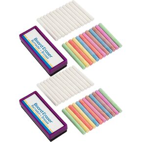 Emraw Eraser 12 White Chalk Dustless Chalk Non-Toxic 12 Color Chalkboard School Office and Sidewalk Outdoor Chalk Block Bundle for Art and Home Board Chalk with Eraser Pack of 25