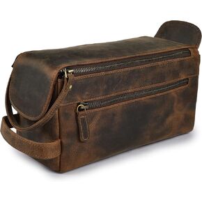 LEATHER VILLAGE Genuine Buffalo Leather Toiletry Bag – Rustic Brown – Travel Dopp Kit for Men & Women
