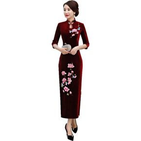 Peacock Floral Embroidery Velvet Long Cheongsam Qipao Dress