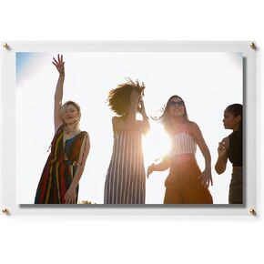 11x14" Clear Double Panel Floating Acrylic Picture Frame Display with Gold Hardware for Displaying Art and Photos on Wall