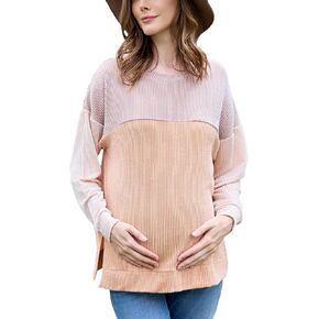 Ecavus Women's Maternity Shirts Color Block Long Sleeve Pregnancy Tee Top Split Side Pregnancy Tops Blouses