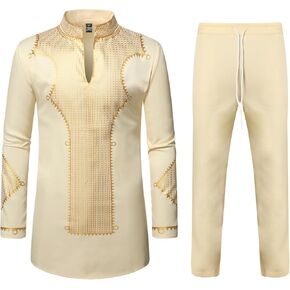 ZEROYAA Men's Africa Suit Long Sleeve Bronzing Print Shirt and Pants Outfit Traditional 2 Piece Set