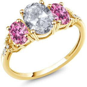 Gem Stone King 10K Yellow Gold Oval White Topaz Vivid Pink Moissanite and Diamond Accent 3-Stone Engagement Ring | 2.46 Cttw | 3 Stone Wedding Anniversary Promise Ring For Women