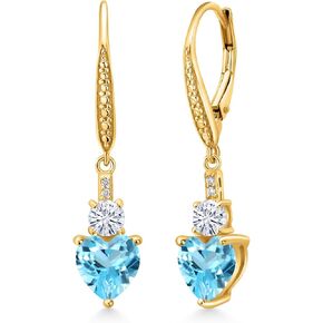 Gem Stone King 18K Yellow Gold Plated Silver Swiss Blue Topaz White Moissanite and White Lab Grown Diamond Drop Dangle Earrings For Women (3.49 Cttw, Heart Shape 7MM, Round 4MM)