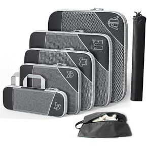 Barsine 7 Set Compression Packing Cubes for Travel, Organizer Bags for Luggage with Shoe and Storage Bag, Black