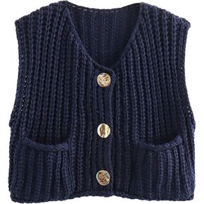 Yimoon Women Sleeveless Crop Open Knit Cardigan Chunky Open Front Button Down Crochet Sweater Vest with Pockets
