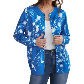 Angashion Women Floral Print Cardigan Sweaters - Long Sleeve Open Front Button Down Crewneck Knitted Cardigans