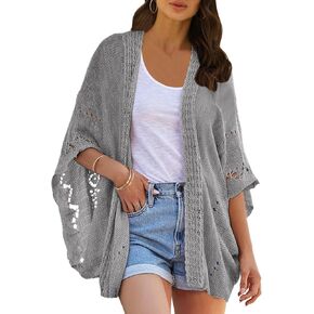 Ermonn Crochet Cardigan Sweaters for Women Open Front Kimono Batwing Sleeve Plain Casual Lightweight Outerwear