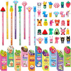 128 Pcs Inspirational Scented Pencils with Cartoon Pencil Toppers and Scented Bookmarks Set 30 Pcs Pencil Toppers 48 Pcs Pencils 50 Pcs Fruit Food Theme Scratch and Sniff Bookmarks for Kids (Cute)