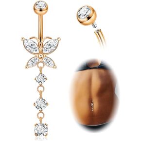 14G Pure G23 Titanium Dangle Belly Button Rings for Women Butterfly CZ Dangle Belly Ring Internally Thread Dangling Navel Piercing Jewelry for Sensitive Skin
