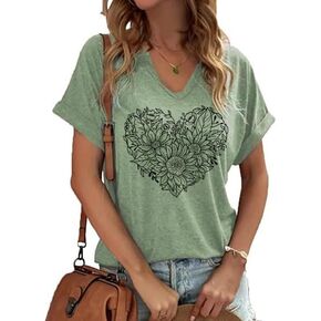 Heart Sunflower Shirts for Women Casual V Neck Blouse Floral Graphic Tops Cute Cottagecore Summer Flower Tee