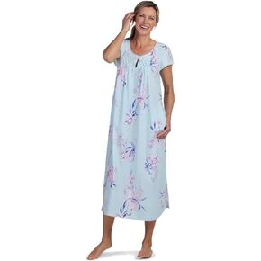Miss Elaine Women's Soft Interlock SS Long Gown Aqua Bouquets