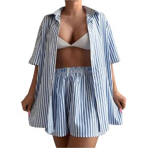 Milumia Women's 2 Piece Outfits Striped Collared Button Front Shirt and Shorts Set