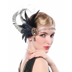 1920s Feather Headpiece Flapper Headband Peacock Feather Crystal Headband Fascinator Roaring 20s Hair Accessories Feather Headpiece for Women Girls