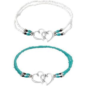 2PCS Beaded Anklets for Women with Silver Double Heart Stretch Elastic Ankle Bracelets for Women Summer Boho Jewelry