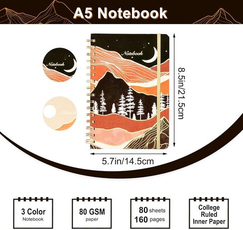 EOOUT 2 Pack Spiral Notebook Journals for Women, A5 Size 5.7x 8.5 Inches College Ruled Hardcover Spiral Journal, 160 Pages 2 Abstract Sun and Moon Design Back Pocket, for Office School Supplies Gifts in Saudi Arabia