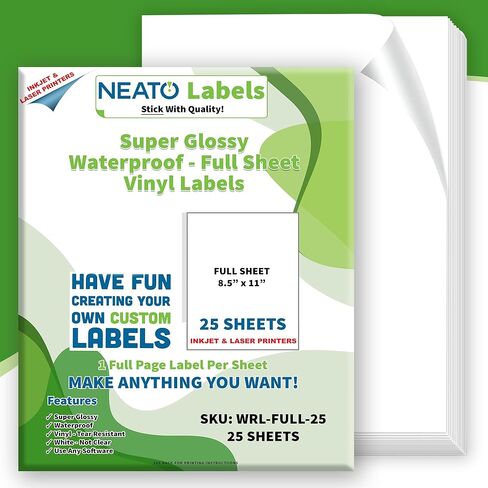 Sticker Paper - 25 Blank Super Glossy Label Sheets Made in USA - (8.5" x 11") - Waterproof Vinyl Labels for Inkjet & Laser Printers - Customizable Labels for Stickers, Bottles, Candle Jars in Kuwait