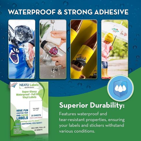 Sticker Paper - 25 Blank Super Glossy Label Sheets Made in USA - (8.5" x 11") - Waterproof Vinyl Labels for Inkjet & Laser Printers - Customizable Labels for Stickers, Bottles, Candle Jars in Kuwait