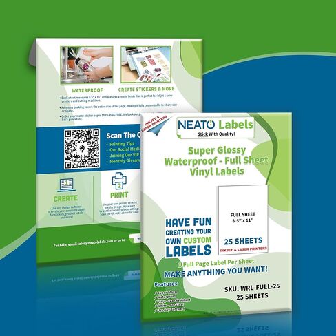 Sticker Paper - 25 Blank Super Glossy Label Sheets Made in USA - (8.5" x 11") - Waterproof Vinyl Labels for Inkjet & Laser Printers - Customizable Labels for Stickers, Bottles, Candle Jars in Kuwait