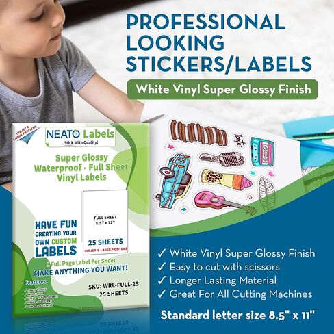 Sticker Paper - 25 Blank Super Glossy Label Sheets Made in USA - (8.5" x 11") - Waterproof Vinyl Labels for Inkjet & Laser Printers - Customizable Labels for Stickers, Bottles, Candle Jars in Kuwait