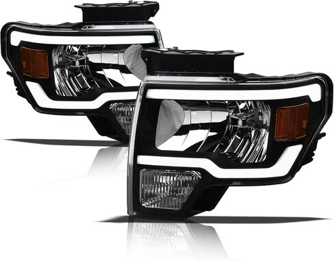 مصابيح أمامية كريستال Alpha Owls 8710296 مع شريط إضاءة LED أبيض - كهرمان أسود يناسب موديلات Ford F150 Halogen 2009-2014 in Kuwait