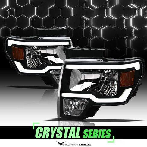 مصابيح أمامية كريستال Alpha Owls 8710296 مع شريط إضاءة LED أبيض - كهرمان أسود يناسب موديلات Ford F150 Halogen 2009-2014 in Kuwait