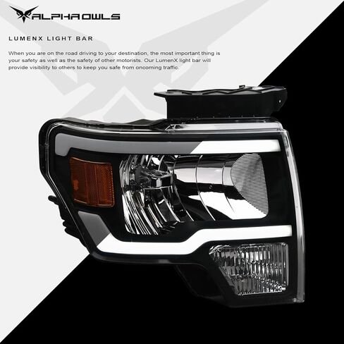 مصابيح أمامية كريستال Alpha Owls 8710296 مع شريط إضاءة LED أبيض - كهرمان أسود يناسب موديلات Ford F150 Halogen 2009-2014 in Kuwait