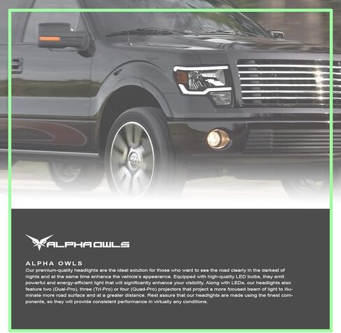 مصابيح أمامية كريستال Alpha Owls 8710296 مع شريط إضاءة LED أبيض - كهرمان أسود يناسب موديلات Ford F150 Halogen 2009-2014 in Kuwait