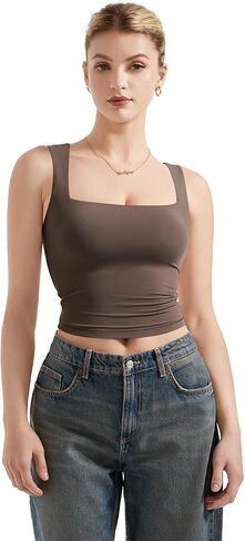 SUUKSESS Women Double Lined Square Neck Crop Tank Top Sleeveless Basic Y2k Tops in Saudi Arabia