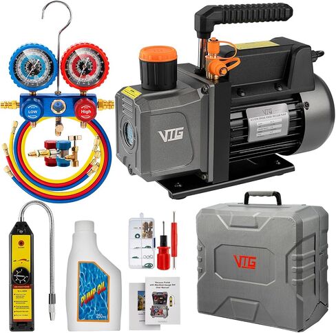 مجموعة قياس ومضخة تفريغ تيار متردد 4.5CFM، مضخة تفريغ HVAC 110 فولت 1/3 حصان 4 اتجاهات متوافقة مع مبردات R134a R22 R410a، مجموعة قياس متعددة مع كاشف التسرب، صنبور R134a، محولات قارنة التوصيل السريعة in Kuwait