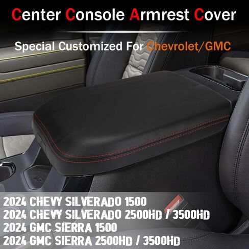 LEXLEY Center Console Pad Armrest Box Cover Leather Protector Covers For 2024 Chevy Silverado&GMC Sierra 2500HD 3500HD,2024 Silverado&Sierra 1500,Bucket Seats ONLY-Black Stitches in Saudi Arabia