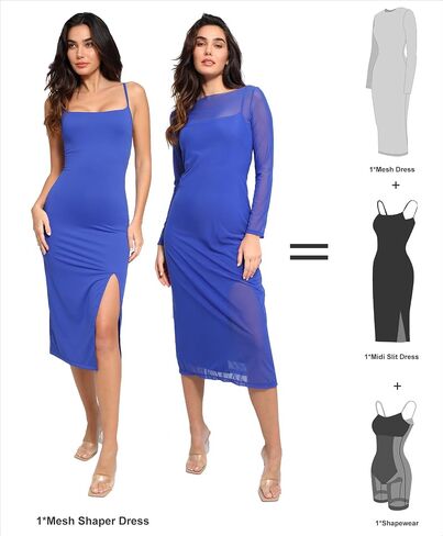 Popilush Shapewear Dress Two Piece Sheer Mesh Dress Midi Dress for Spring Slit Dress Worn Separately Or Together in Saudi Arabia