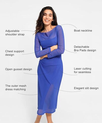 Popilush Shapewear Dress Two Piece Sheer Mesh Dress Midi Dress for Spring Slit Dress Worn Separately Or Together in Saudi Arabia