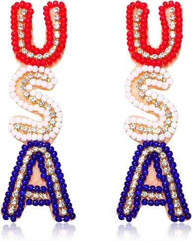 American Flag Earrings 4th of July Earrings for Women Beaded Heart Star Flag Dangle Drop Earrings Handmade Independence Day Patriotic Earrings Holiday Gifts in Kuwait