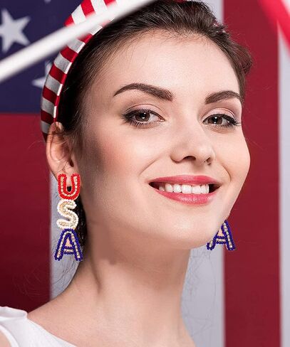 American Flag Earrings 4th of July Earrings for Women Beaded Heart Star Flag Dangle Drop Earrings Handmade Independence Day Patriotic Earrings Holiday Gifts in Kuwait