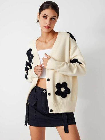 CIDER Cardigan Sweaters for Women V Neck Floral Women's Cardigans Knit Button Down 2024 Fall in Kuwait
