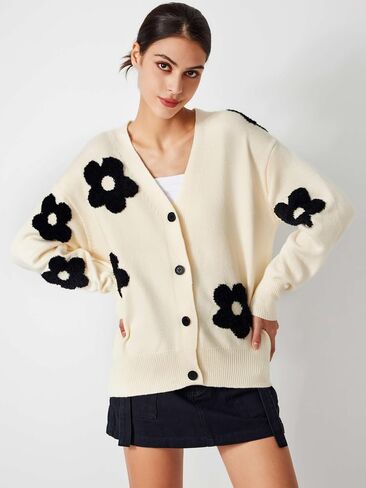 CIDER Cardigan Sweaters for Women V Neck Floral Women's Cardigans Knit Button Down 2024 Fall in Kuwait