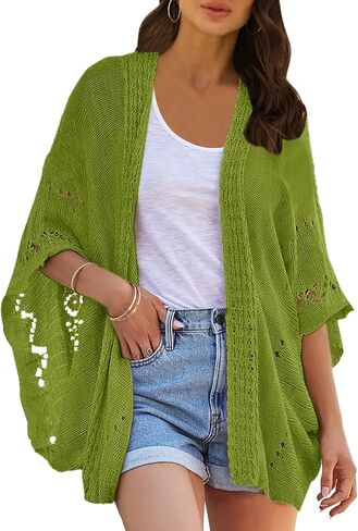 Ermonn Crochet Cardigan Sweaters for Women Open Front Kimono Batwing Sleeve Plain Casual Lightweight Outerwear in Saudi Arabia