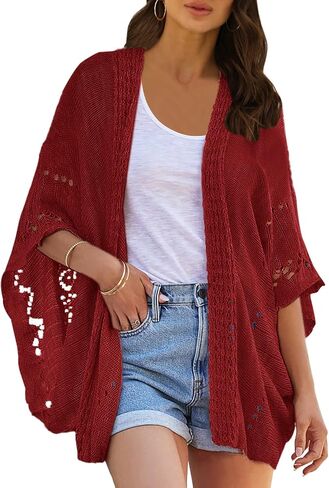 Ermonn Crochet Cardigan Sweaters for Women Open Front Kimono Batwing Sleeve Plain Casual Lightweight Outerwear in Saudi Arabia