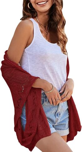 Ermonn Crochet Cardigan Sweaters for Women Open Front Kimono Batwing Sleeve Plain Casual Lightweight Outerwear in Saudi Arabia